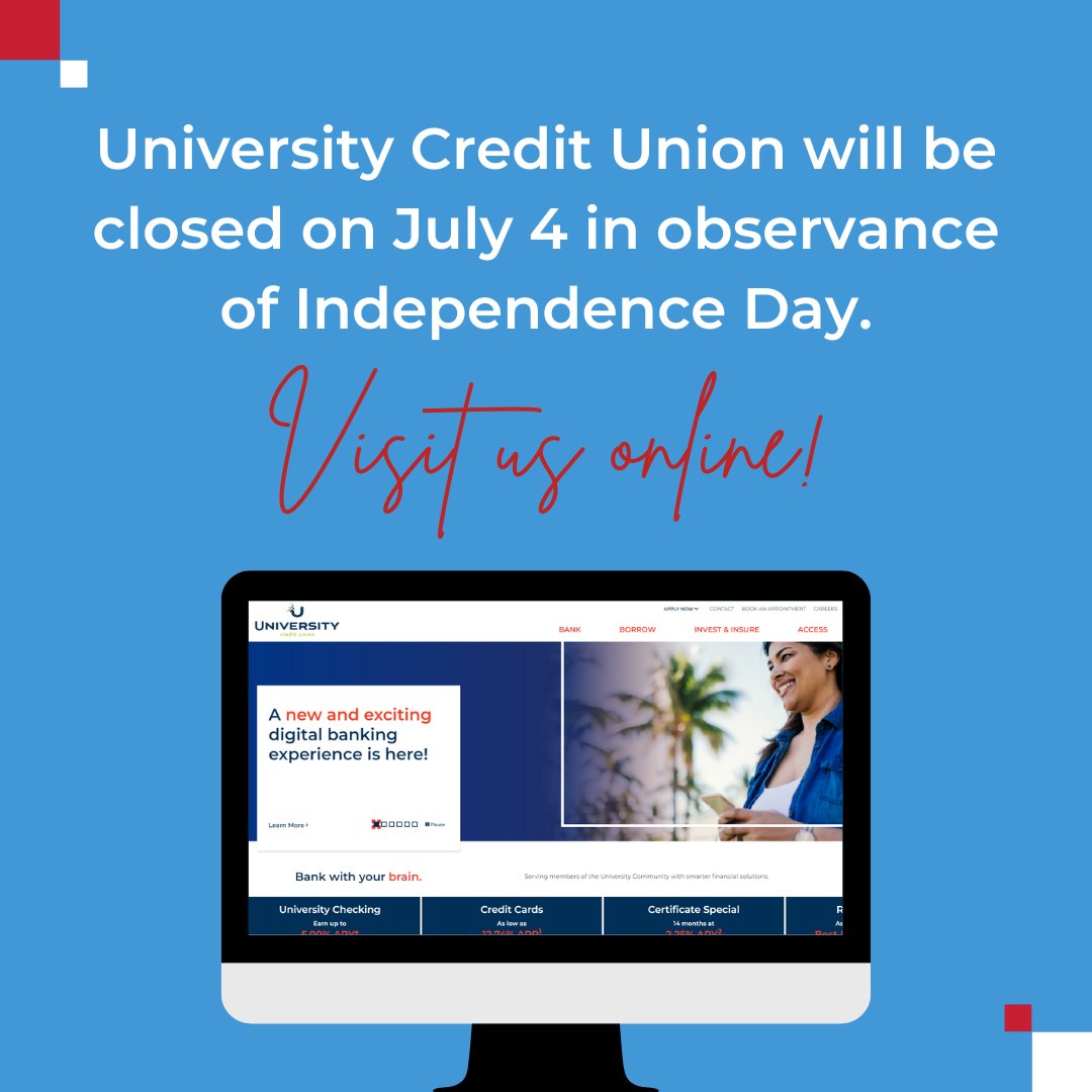 UCU is closed tomorrow for #IndependenceDay, but we're still here to offer you the support and information you need. Use Royce, our virtual assistant, or our digital banking services, which are all available to you 24/7.