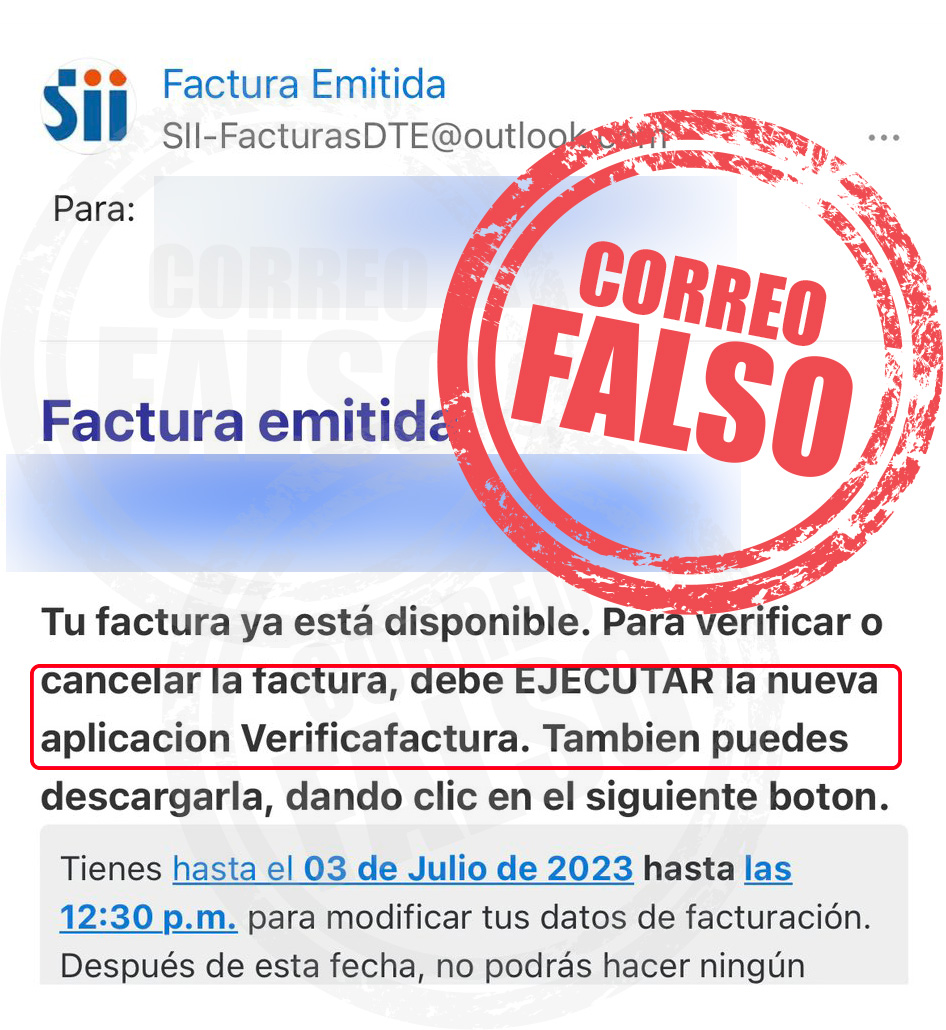SII_Chile's tweet image. [CORREO FALSO-PHISHING]🚨: Nuevo intento de suplantación de mensajes del SII. El sentido de urgencia o instalación de herramientas adicionales son habituales en estos engaños. Protege tus datos personales, no hagas clic en enlaces y elimínalo de tu bandeja ¡Ayúdanos a difundir!📢