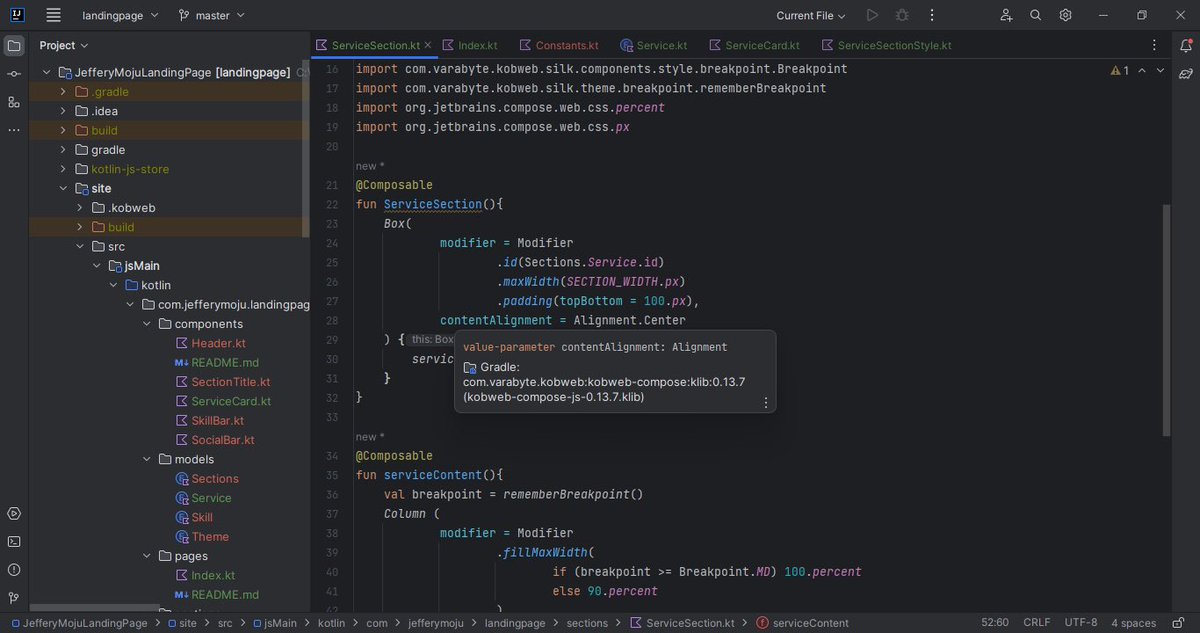 MOfeoritse's tweet photo. Stopping here today. All this is possible with Kobweb. Building a static responsive webpage with Kotlin. Itโs really amazing #kotlin #kobweb https://t.co/fpaF80HMlm