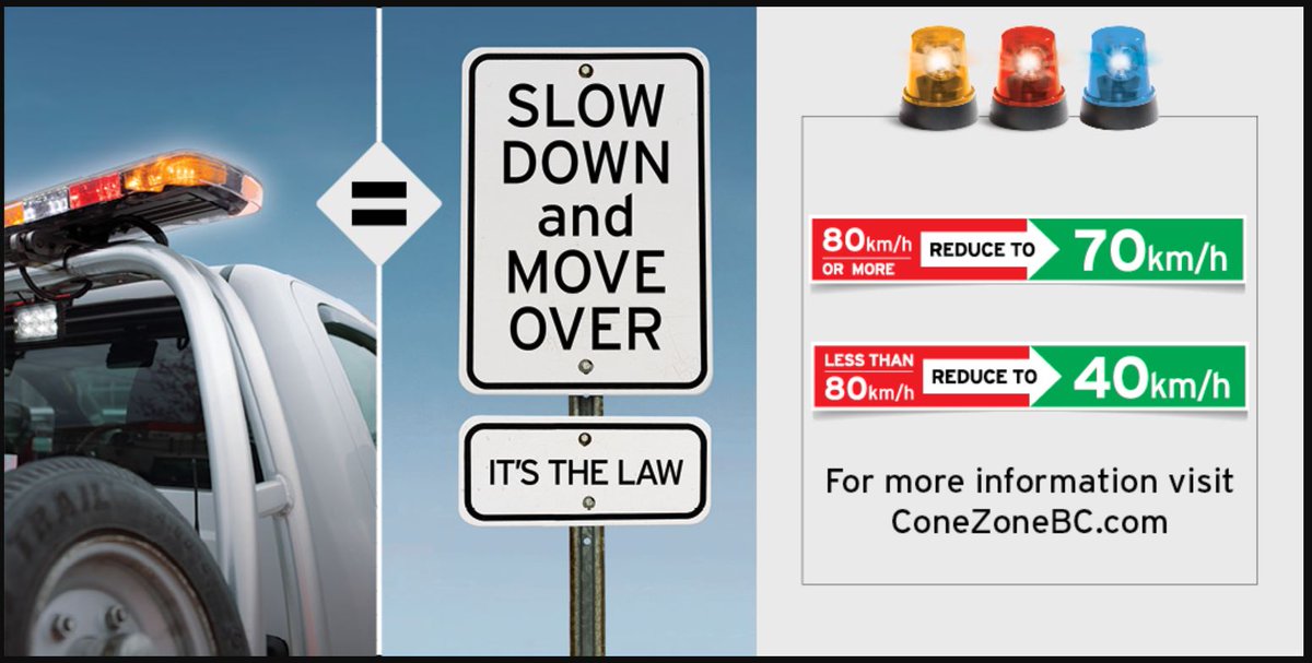 ⚠️In #BritishColumbia, motorists are required to #SlowDownMoveOver for all vehicles stopped alongside the road that have flashing red, blue or yellow lights.

70km/h when in an 80km/h or over zone.
  
40 km/h when in an under 80 km/h zone.

#ConeZoneBC🦺

@511yukon @511Alberta