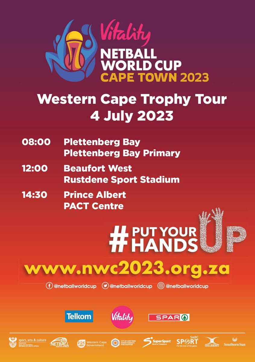 SportArtsCultur's tweet photo. Western Cape Province, it's your turn!
Check out the Netball World Cup Trophy Tour guide and look out for Netball Trophy Tour Bus in your area.
Come out, show your support, and be part of history.
#PutYouHandsUp
#NetballWorldCup
#NWC2023 https://t.co/zyahmvSEEZ