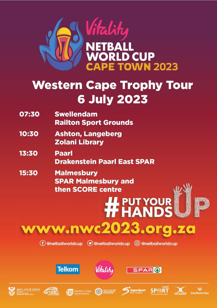SportArtsCultur's tweet photo. Western Cape Province, it's your turn!
Check out the Netball World Cup Trophy Tour guide and look out for Netball Trophy Tour Bus in your area.
Come out, show your support, and be part of history.
#PutYouHandsUp
#NetballWorldCup
#NWC2023 https://t.co/zyahmvSEEZ