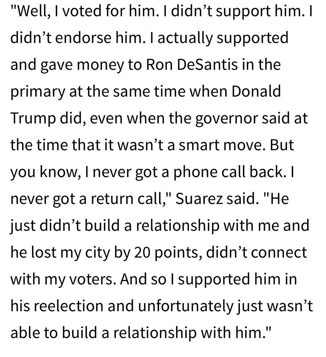 Suarez told RCP that reports he voted for Democrats were “fake news.”
He didn’t vote for Clinton in 2016, he told me he wrote in Rubio and Pence in 2020
The 2018 Florida gov race? “I didn’t support Andrew Gillum”
Last week he explained his vote for Gillum to @kayleighmcenany: https://t.co/6DRLzU2ZW6