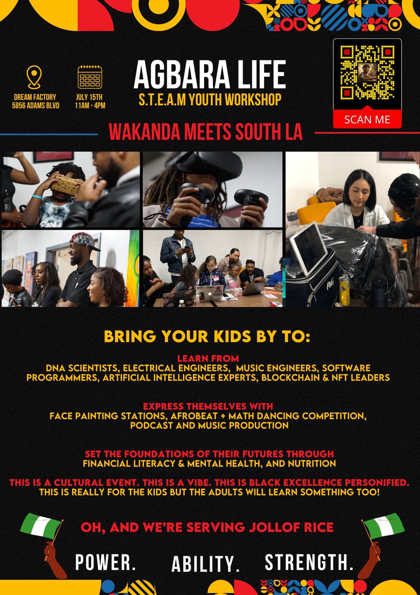 AgbaraLife's tweet photo. Please invite people your connected with that have kids in LA. We want to expose to these kids exciting developments in Science, Technology, Engineering, Art &amp; Math. Free for the kids to explore, learn and eat in a cultural environment. https://t.co/o9V3Yfc3Ax