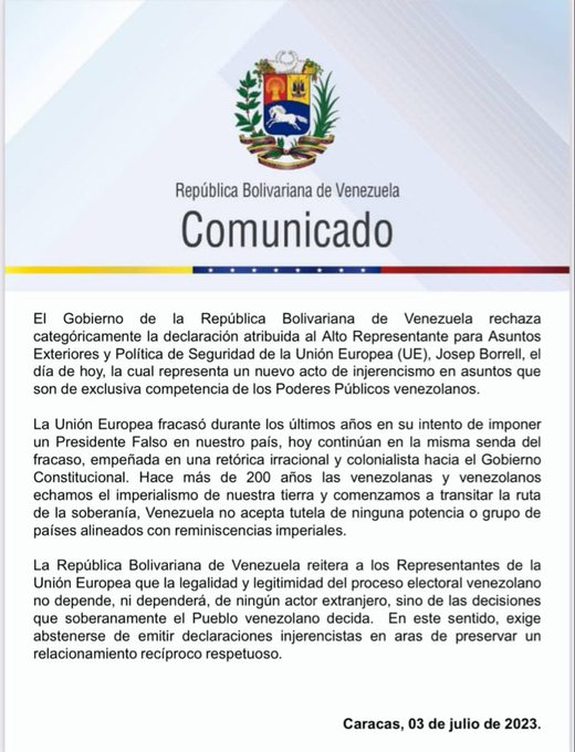 mippci_ven's tweet photo. #Comunicado 🗒️| Venezuela rechaza categóricamente el acto de injerencismo de la Unión Europea, el día de hoy, en asuntos que son de exclusiva competencia de los Poderes Públicos venezolanos.
#ConMaduroMásPueblo https://t.co/nUAt2iv3Gx