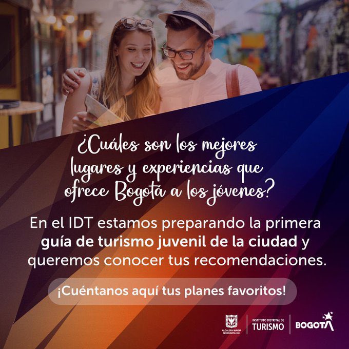 Bogota_Turismo's tweet photo. #IDTInforma I Sé parte de la primera Guía Juvenil de @Bogota ❤️🏙
Desde el @IDTBogota queremos conocer los mejores lugares y experiencias que ofrece la capital a todos los jóvenes de la ciudad.
🔗 Llena la encuesta en: https://t.co/MrJjyiMLWG https://t.co/DP5VyHwZaN