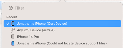 Jon889's tweet image. If you do `defaults write com.apple.dt.Xcode DVTEnableCoreDevice enabled` then restart Xcode 14 the iOS 17 device will show up in Xcode so you can run and debug the app as usual. I have Xcode 15 installed alongside Xcode 14 but not sure if thats a requirement.