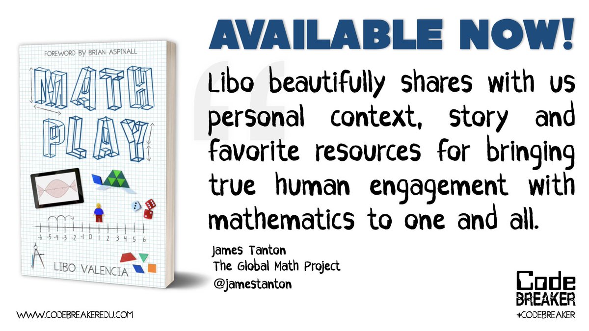 Brian Aspinall (@mraspinall) on Twitter photo HOT OFF THE PRESS! 📚🦾
#MathPlay by <a href="/MrValencia24/">Libo Valencia 🧮 MathPlay</a> is LIVE!!!
"Libo beautifully shares with us personal context, story and favorite resources for bringing true human engagement with mathematics to one and all!"
via <a href="/jamestanton/">James Tanton</a> 🙌🏼🤩
#CodeBreaker 🤖
amazon.com/dp/1990566561 HOT OFF THE PRESS! 📚🦾
#MathPlay by <a href="/MrValencia24/">Libo Valencia 🧮 MathPlay</a> is LIVE!!!
"Libo beautifully shares with us personal context, story and favorite resources for bringing true human engagement with mathematics to one and all!"
via <a href="/jamestanton/">James Tanton</a> 🙌🏼🤩
#CodeBreaker 🤖
amazon.com/dp/1990566561