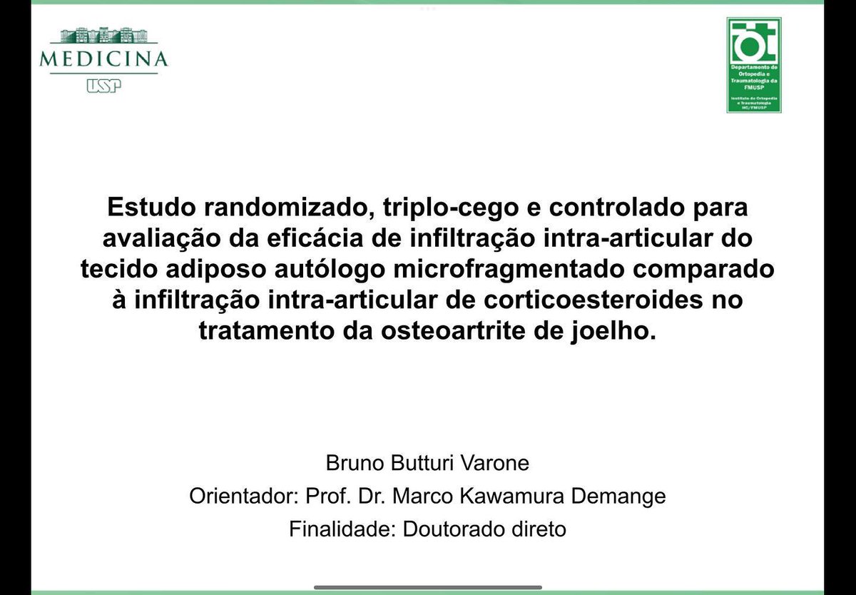 BrunoButturi's tweet photo. No dia 29 de junho de 2023, tive o prazer de poder qualificar para meu doutorado.
. 
Meu objetivo junto ao Hospital das Clínicas é avaliar o papel do tecido adiposo microfragmentado no tratamento da Osteoartrite(artrose) de Joelho.
Diversos estudos favorecem já o uso deste tratam https://t.co/t6PyAysSqr
