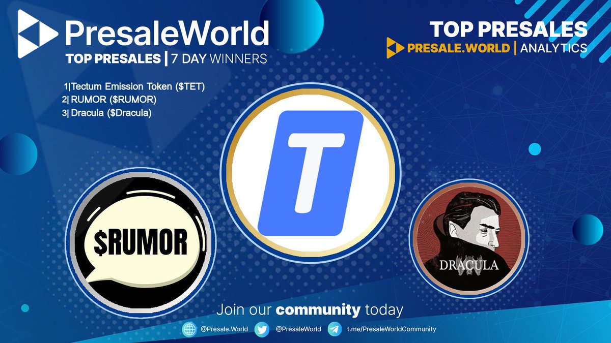 Top Presales (7d) on Presale.World!

1. Tectum Emission Token • <a href="/tectumsocial/">Tectum</a>
2. RUMOR • <a href="/rumorcoin/">RUMOR - Coming Soon 👀</a>
3. Dracula • @DraculaERC
4. MONEY • <a href="/moneyerc/">MERC</a>
5. CULT • @ercCULT

To see all the top presales in the last 7 days, head over to presale.world/presales/leade…

#crypto