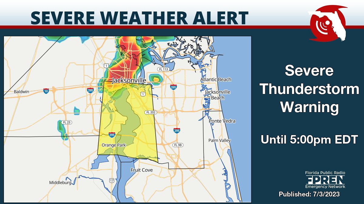 Severe Thunderstorm Warning for Clay and Duval County until 5:00pm EDT. Details on the Florida Storms app. #flwx https://t.co/nkHYHwwVnQ