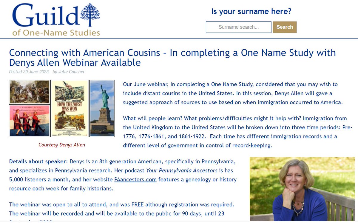 The recording of our webinar "Connecting with American cousins in completing a one-name study" is now available to view on our website. It is free for non-members for the next 90 days.  one-name.org/americancousin… #Genealogy #OneNameStudies #SurnameStudies
