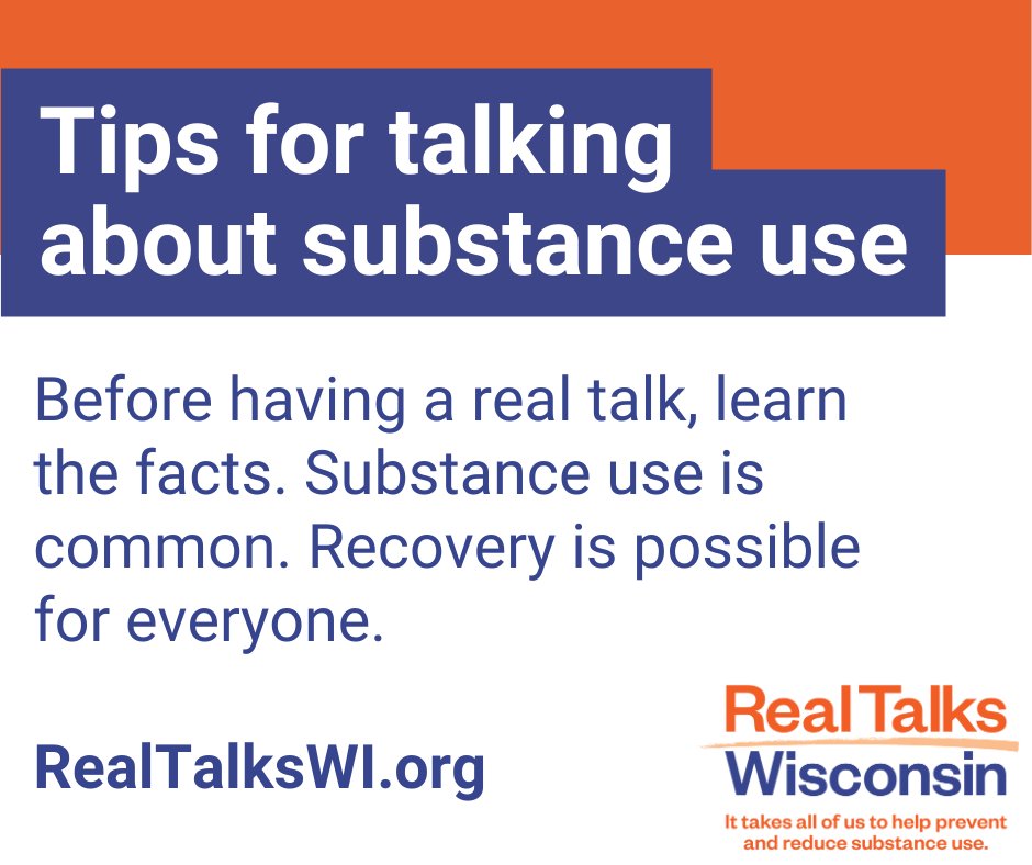 DHSWI's tweet photo. We’re sharing tips all month about how to #talk about #SubstanceUse. #RealTalksWI let us build supportive communities where prevention works, treatment is available, and recovery can happen for everyone. Today’s tip: learn the facts. Get more tips at https://t.co/c6RuH7Tpts https://t.co/0LnEzk3cq9