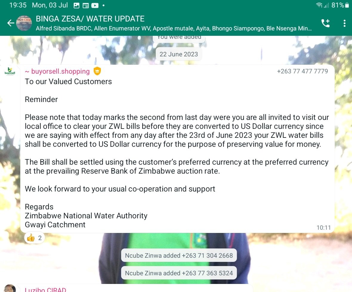 SirMoodember's tweet photo. @nickmangwana @lilomatic Cde, the binga community is complaining about this stance being taken by ZINWA. This msg was share by a Zinwa official for Gwaai catchment area. Help guide us if its lawful or not. 
Concerned Binga resident. https://t.co/rqvkmffoGh