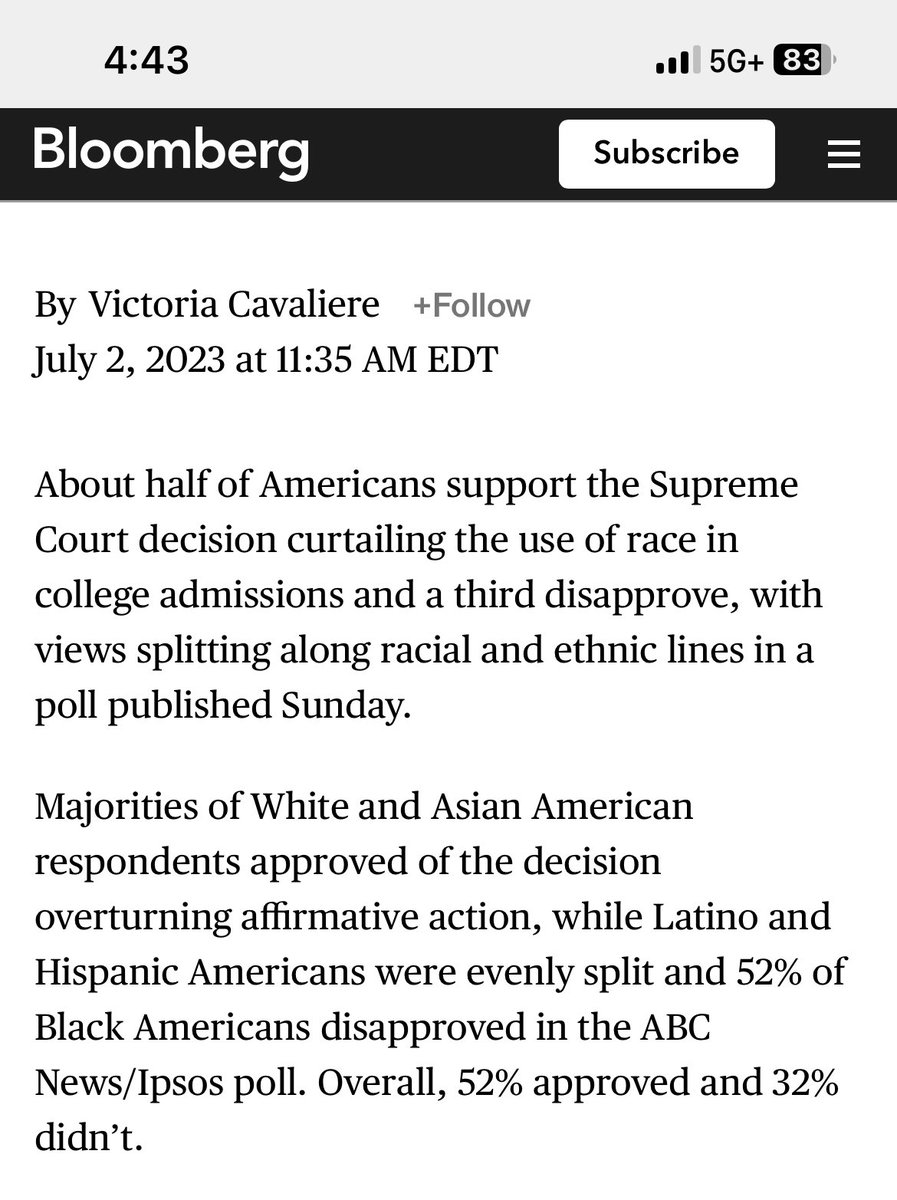 ParisSorel's tweet photo. @deniece_edwards @HakHinton โOverall, 52% approved and 32% didnโt.โ~Victoria Cavalier ~Bloomberg News #AffirmativeActionIsGone #BlackAmericans https://t.co/8ih1riIGAi