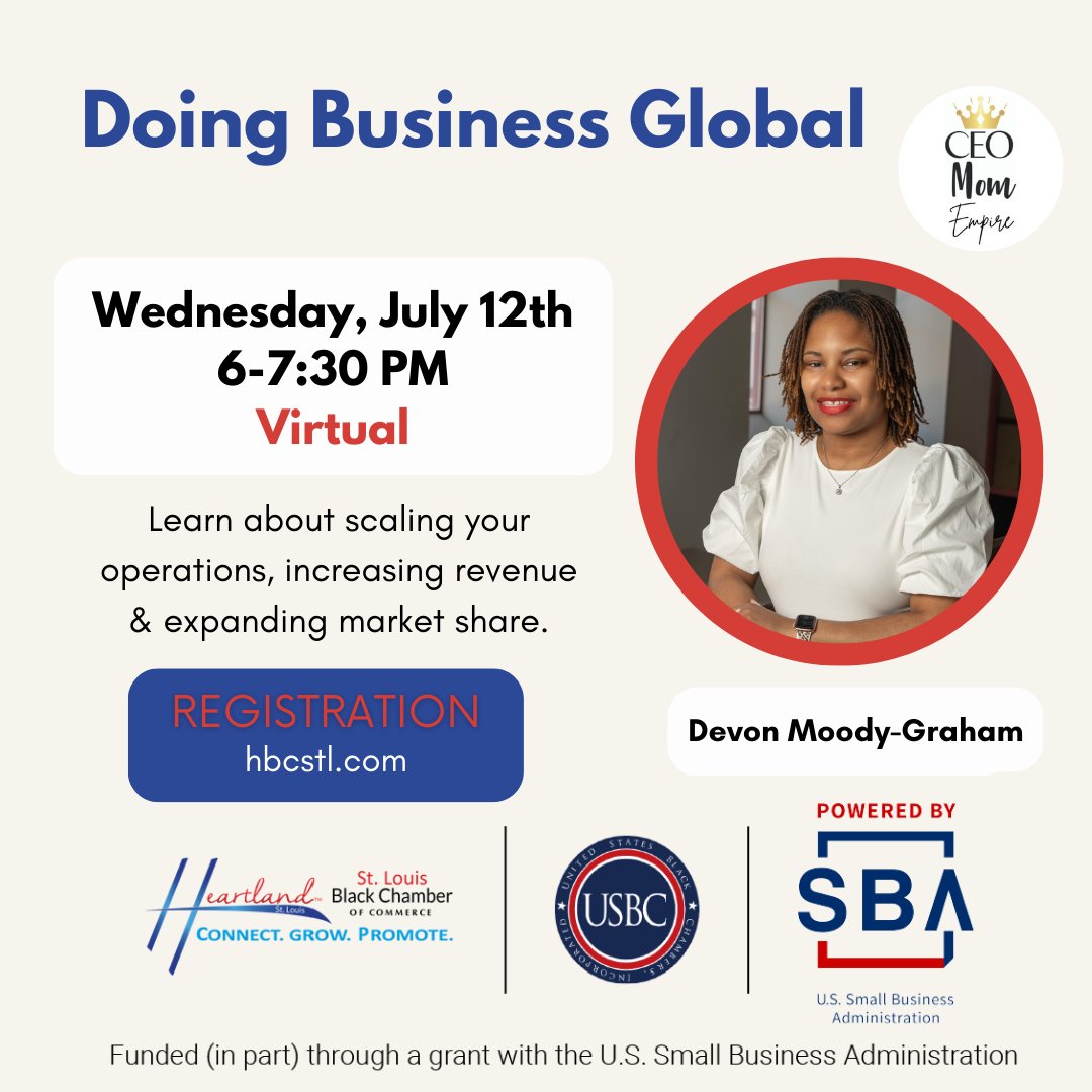 Join us & Devon Moody-Graham of CEOMom Empire LLC to learn all things international business!

RSVP at link in bio or comments below!

#internationalbusiness #internationaltrade #blackchamber
