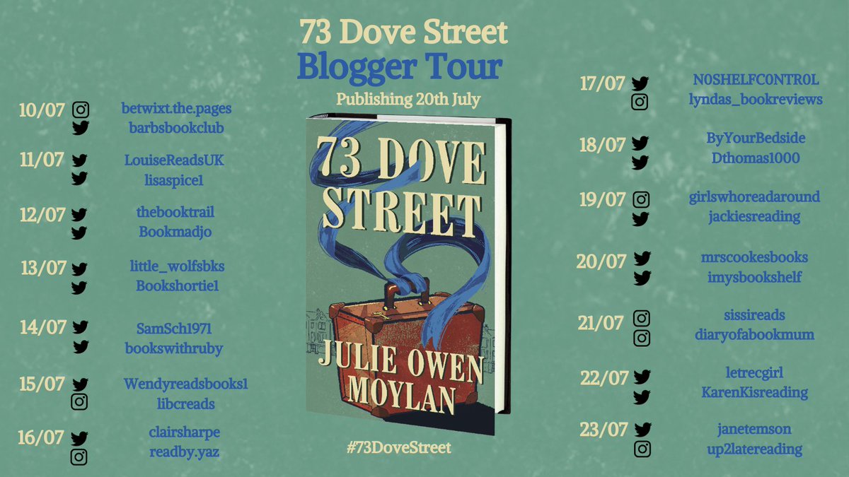 Next week is the start of the #73DoveStreet blogger tour. Follow the journey of #TeamDove across Twitter and Instagram with me @N0SHELFC0NTR0L and my fellow bookbloggers on #booktwt and #bookstagram from the 10th-23rd July. @JulieOwenMoylan 's new novel is published on 20th July.