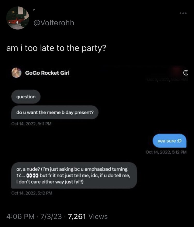 in case you somehow haven’t seen it yet, GoGoRocketGirl is currently getting exposed for having explicit conversations and sending explicit pictures to minors in the Rocket League community

there’s truly never a normal day in this community…