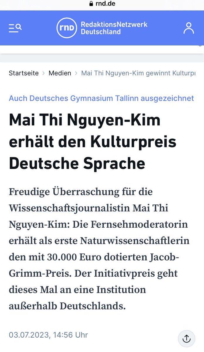 #Preisverfall der #Pandemie:

“Als erste Naturwissenschaftlerin erhalte Nguyen-Kim den mit 30.000 Euro dotierten Jacob-Grimm-Preis, teilten die Eberhard-Schöck-Stiftung und die Deutschen Akademie für Sprache und Dichtung am Montag in Baden-Baden mit.” 

Ergänzung: Besonders