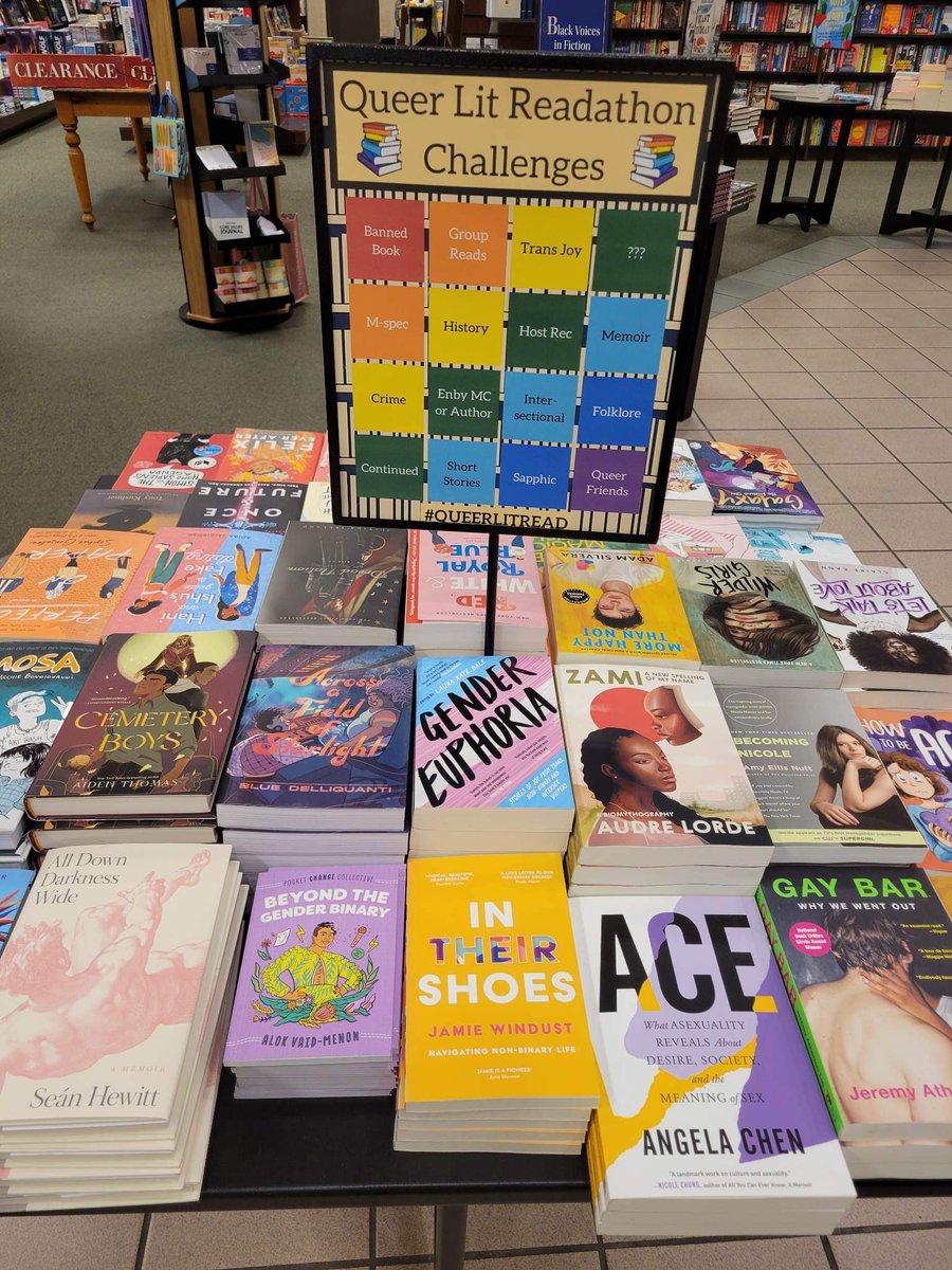 queer_lit's tweet photo. We had a Barnes and Noble store reach out to us and ask if they could use our bingo board for their queer book display, and of course we were thrilled to say yes! https://t.co/gwVk6ifYzW