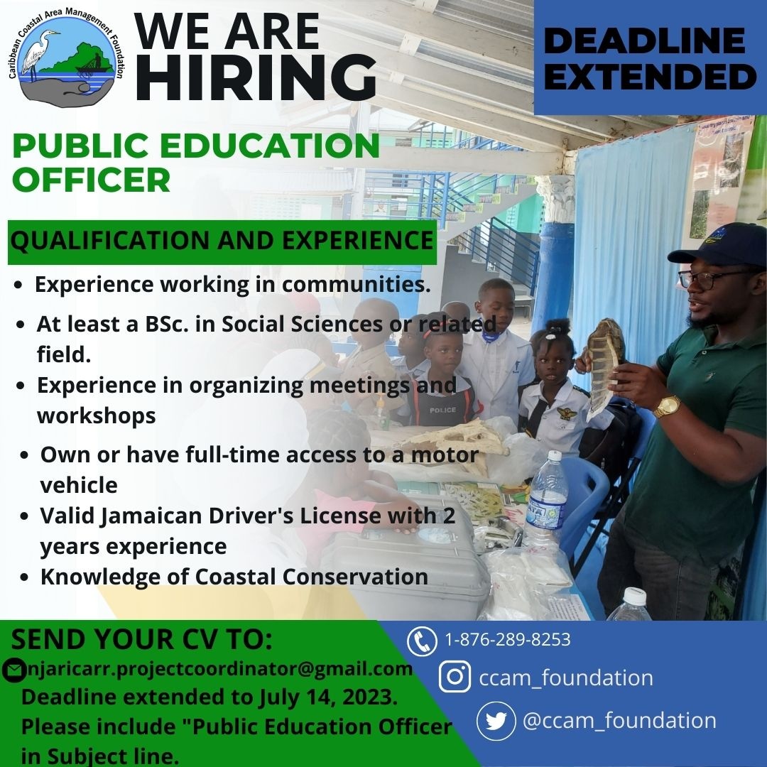 ccam_foundation's tweet photo. Deadline extended!
We are looking for our new Public Education Officer, could this be you?
Interested applicants, please send your resume to njaricarr.projectcoordinator@gmail.com by July 14, 2023!

Reach out for detailed TOR.

#jobs #Jamaica #environment #education #conservation https://t.co/Py2IX6v6VG