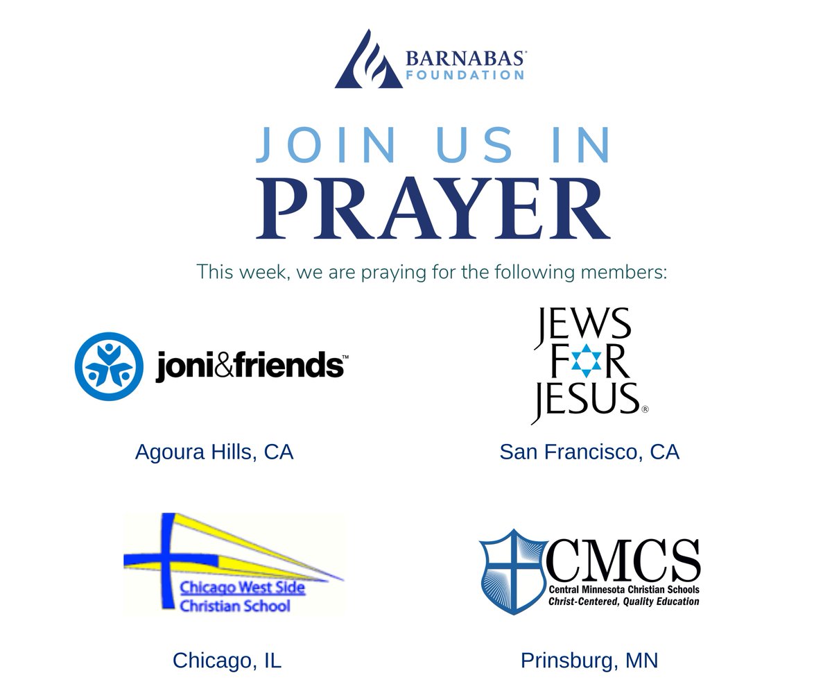 Barnabas Foundation (@barnabasfdn) on Twitter photo Every week, our staff gathers to pray over a few of our member ministries. Join us in praying for these members this week: <a href="/JoniandFriends/">Joni and Friends</a>, <a href="/JewsforJesus/">Jews for Jesus</a>, Chicago West Side Christian School and Central Minnesota Christian School. Every week, our staff gathers to pray over a few of our member ministries. Join us in praying for these members this week: <a href="/JoniandFriends/">Joni and Friends</a>, <a href="/JewsforJesus/">Jews for Jesus</a>, Chicago West Side Christian School and Central Minnesota Christian School.