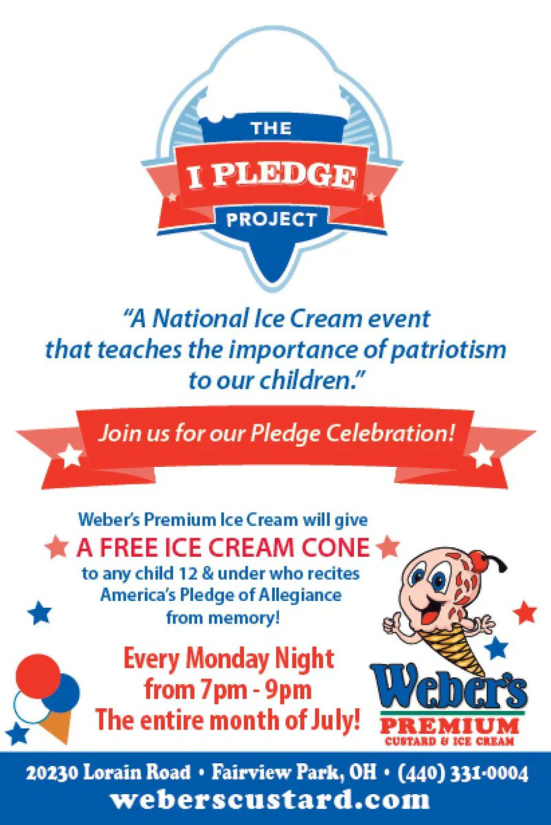 TODAY'S THE DAY!  Kids 12 and under: come in to our Fairview Park Weber's location tonight from 7-9pm, recite the Pledge of Allegiance and score a #free scoop of #icecream! Any flavor you want!  See you tonight!
Can't make it? Every Monday in July (7-9pm) you have another chance!