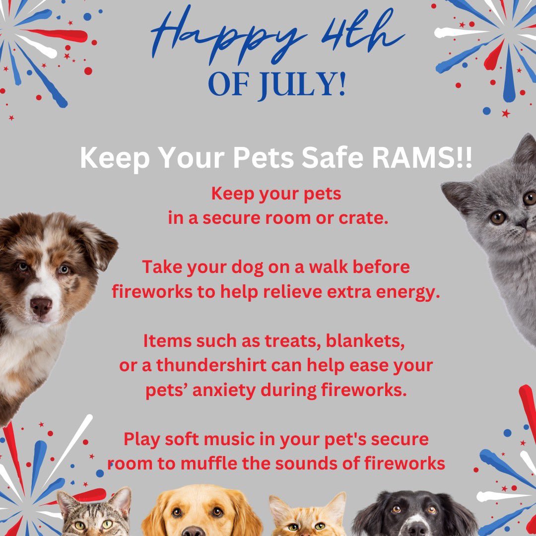 Loud noises caused by fireworks can be stressful for our pets. Below are some tips to make sure this holiday is as stress free as possible for our furry friends. 🐶🐱Have a fun and safe #4thofJuly RAMS! @MontwoodHS @Co2024Rams @mhsco_2025 @mhs_class_of_26 @AnaPlayer_MHS