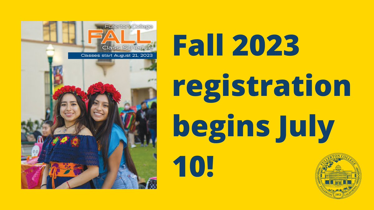 Fall 2023 registration opens up next week! 🤩

Explore the class schedule to decide which courses you want to enroll in.

Classes start August 21. 💙💛
fullcoll.edu/schedule/