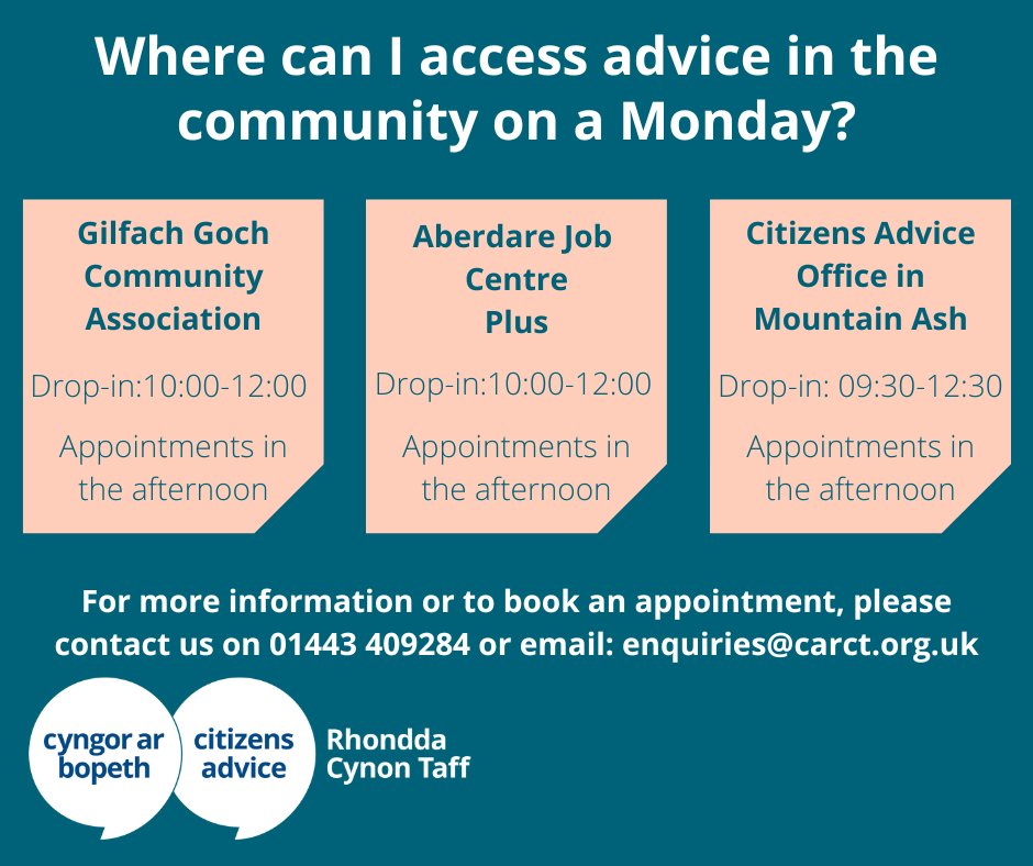 ca_rct's tweet photo. Where can I get advice today?

Where 📍 @ca_rct , Mountain Ash
When⏰ 09:30-12:30
How ▶️ In-person, telephone, video call

Where 📍@GilfachGochComm
When⏰ 10:00-12:00
How ▶️ In-person

Where📍Aberdare Job Centre
When⏰ 10:00-12:00
How ▶️ In-person

For info, call 01443 409284 https://t.co/ydUutwqrUp