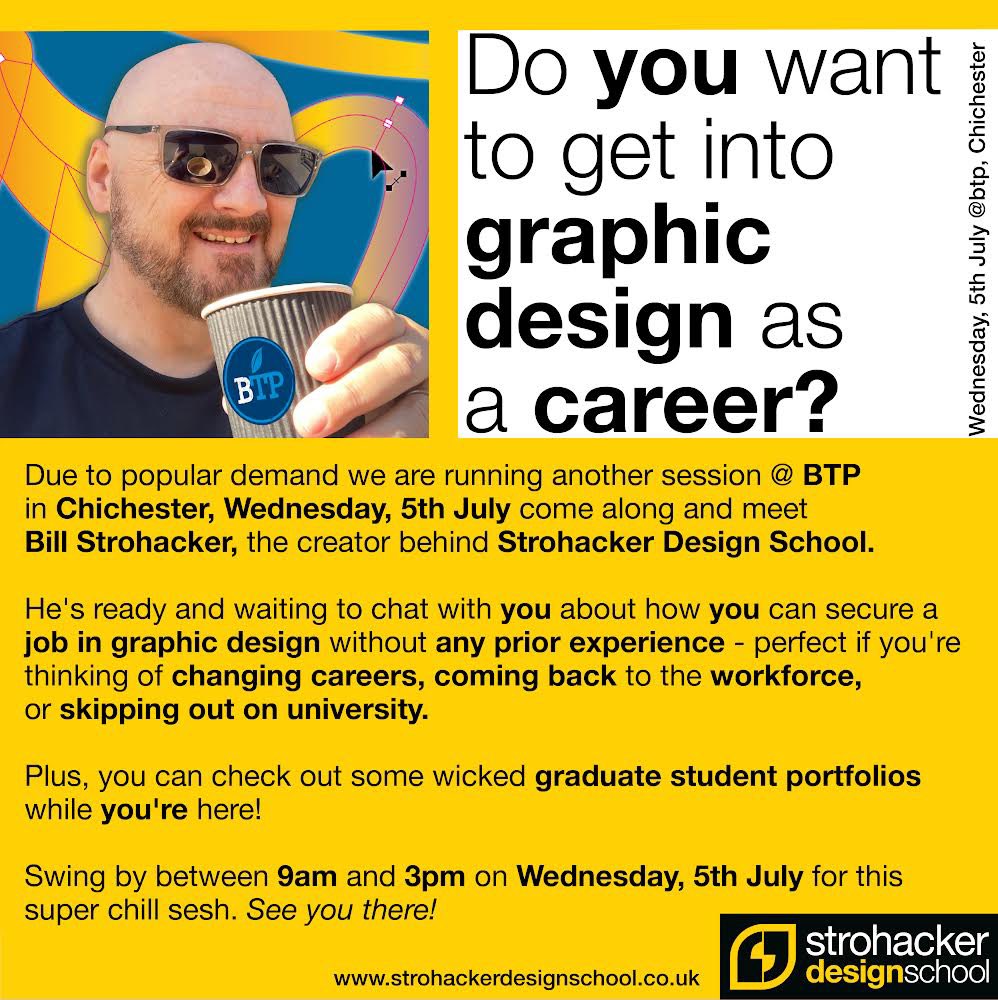 StrohStudio's tweet photo. Do you want to get into graphic design as a career?
We are running a session @ BTPChichester, Wednesday, 5th July, meet Bill creator of Strohacker Design School. He's ready and waiting to chat with you about how you can get a job in graphic design without any prior experience 9-3 https://t.co/FQUkQKFMFZ