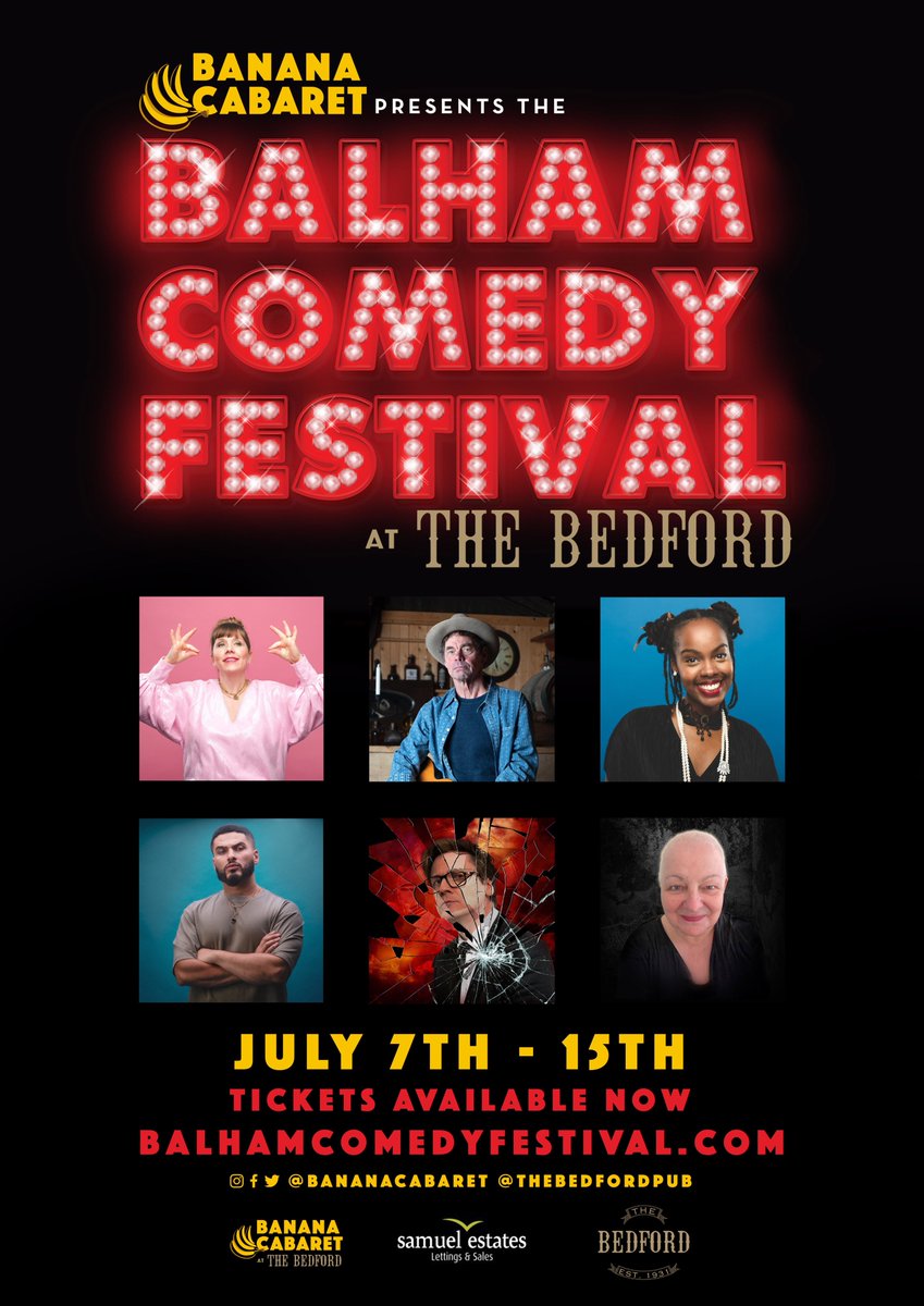 AD: @bananacabaret’s Balham Comedy Festival opens this Friday 7th July running to Saturday 15th.
On stage - @MrEdByrne, @thatlaurasmyth, @JaneyGodley, @TheRealRichHal, @KerryAGodliman  and many more. At @thebedfordpub / @threecheerspubs balhamcomedyfestival.com
