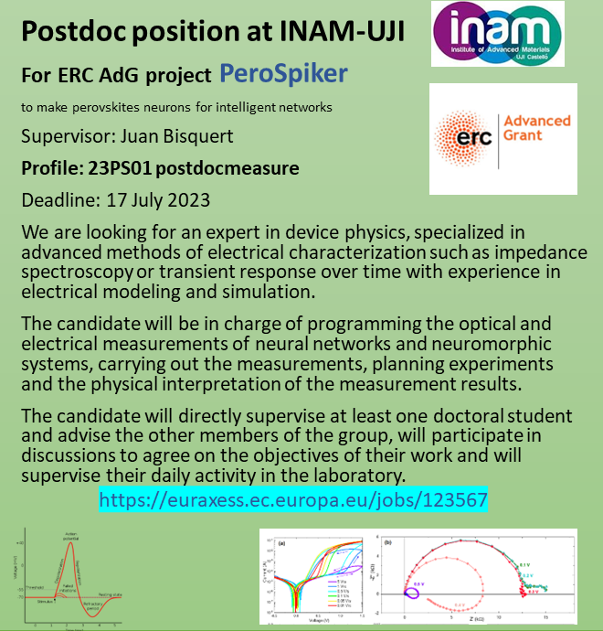 physolcell's tweet photo. Postdoctoral fellowship at the Institute of Advanced Materials at Universitat Jaume I, Spain, for an ERC AD project, directed by Juan Bisquert
We seek a postdoc expert in device characterization.
Deadline for applications is 17th July 2023
https://t.co/K1g14lt3Rt https://t.co/TOC9yQpbTF