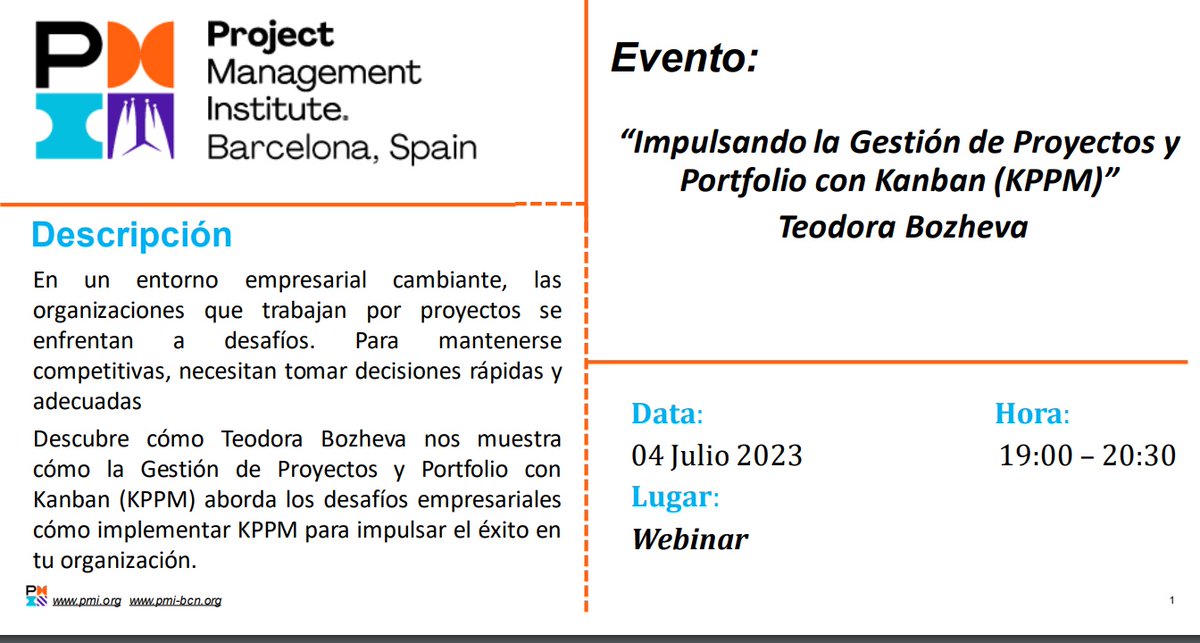 PMI_Barcelona's tweet photo. 📌 Os recordamos que mañana tenemos evento online "Impulsando la Gestión de Proyectos y Portfolio con Kanban (KPPM)" por Teodora Bozheva
🗓 4 de Julio 2023
🕦 19h-20:30h
registrate 👉 https://t.co/GwisZdYNQg
#kavan #evento #pmibcn #gestiondeproyectos https://t.co/QXap3cIbeN