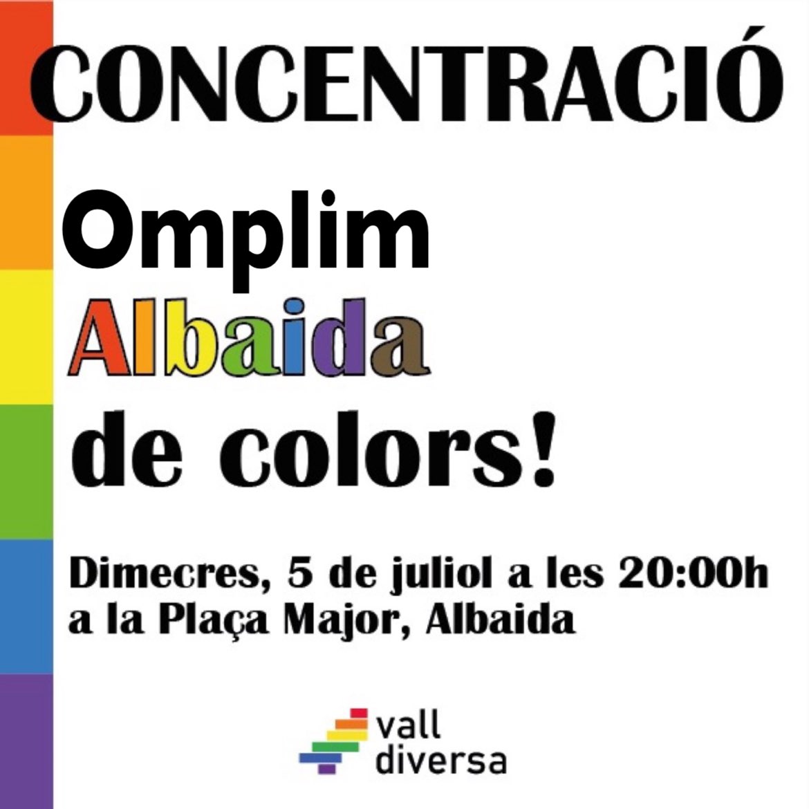 No podem fallar.
Omplim Albaida de colors i senyeres contra la intolerància i l’odi del feixisme. 
<a href="/AjAlbaida/">Ajuntament d'Albaida</a> 
<a href="/alejandroquilis/">Alejandro Quilis</a> 
<a href="/compromis/">Compromís</a>