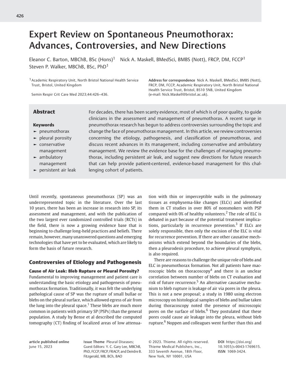 <a href="/DrsteveWalker/">Steve Walker</a> <a href="/Nickmaskell1/">Nick maskell</a> <a href="/eleanorcbarton/">Eleanor Barton</a> of <a href="/BristolARU/">Bristol Academic Respiratory Unit</a> provided 'Expert Review on Spontaneous #Pneumothorax' - an area of advances but also debates + controversies. PMID37321247. Part of the #Pleural Review Series in Semin Resp Crit Care Med 2023. #MedTwitter #MedEd #POCUS