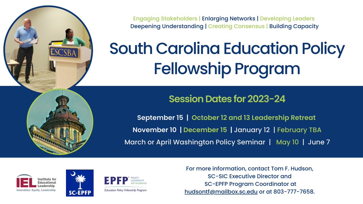 PolicySc's tweet image. SC-EPFP 2023-24 session dates are quickly approaching....

Thinking about applying to grow your leadership capacity and understanding of education policy? 

Visit sic.sc.gov/sic-informatio… to download the editable PDF application!