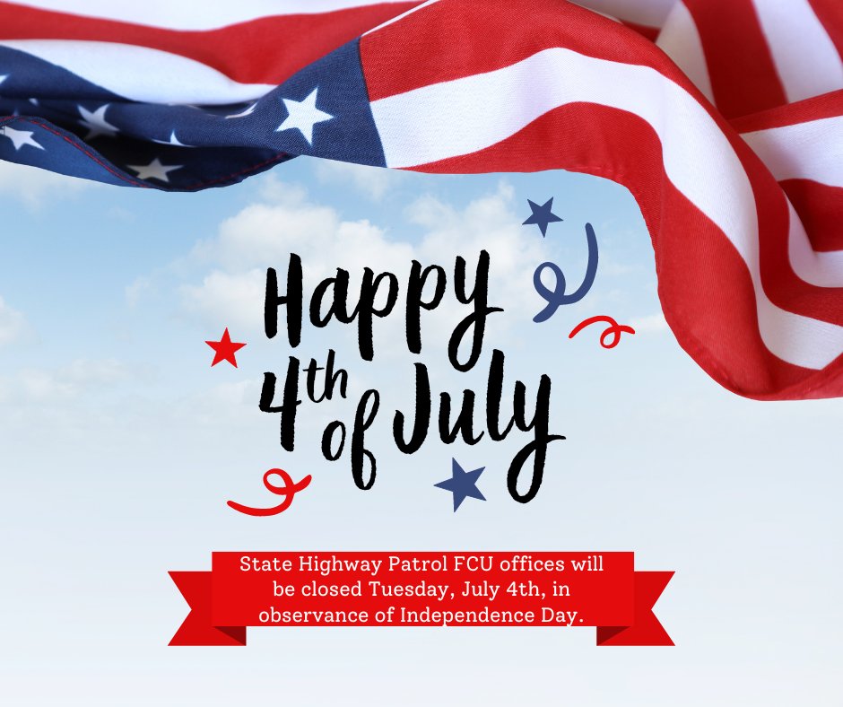 SHPFCU's tweet photo. SHPFCU offices will be closed Tuesday, July 4th,  in observance of Independence Day. Online and Mobile banking will be available. Our offices will re-open Wednesday, July 5th,  at 8:00 am. https://t.co/VogtxA9asa