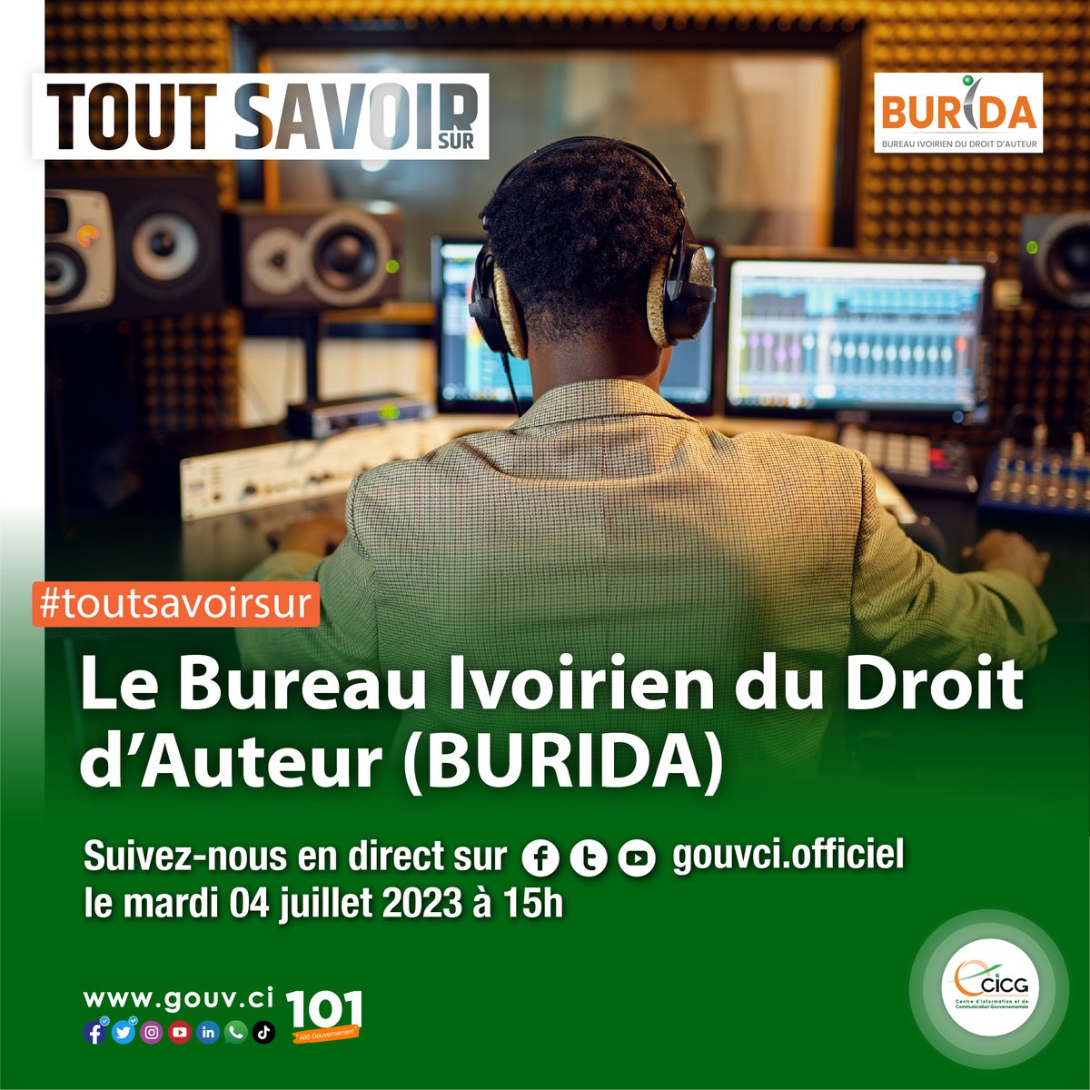 Gouvciofficiel's tweet photo. 🔔 #Rappel | Ce numéro de Tout Savoir Sur sera consacré au Bureau Ivoirien du Droit d'Auteur (BURIDA)

➡ Nos experts répondront à vos questions, en direct sur Facebook, Twitter et YouTube, ce mardi 04 juillet 2023 à 15h.

#CICG #GouvCI 
#BURIDA https://t.co/So5WNvKdJE