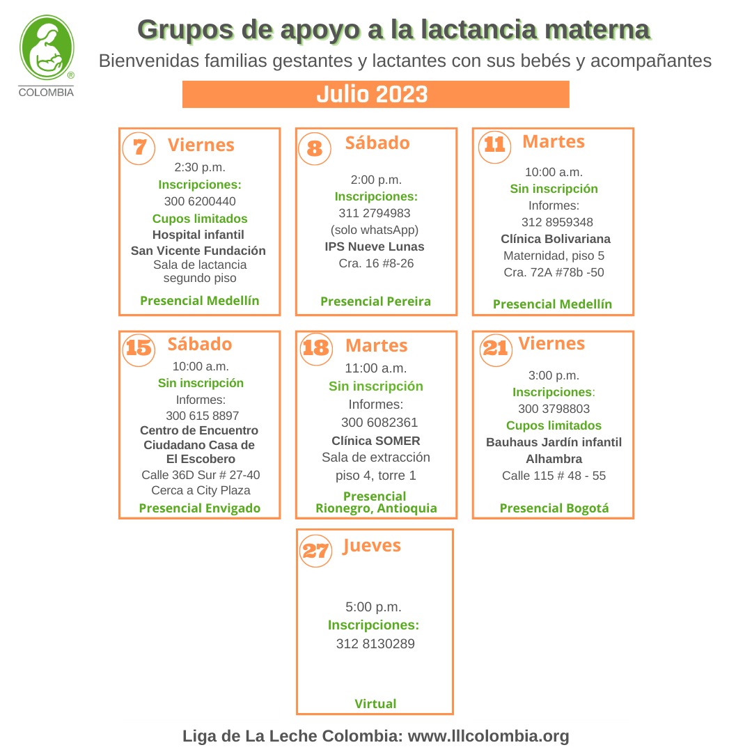 LLLColombia's tweet photo. 📣¡Esta es nuestra programación de grupos de apoyo de julio! 📆

Recibe información y apoyo para amamantar de parte de las líderes voluntarias de la Liga de La Leche Colombia. Ingreso libre con aporte voluntario. 💚

📌Más información https://t.co/o64pwI5P49 https://t.co/IuvzcSHkFU