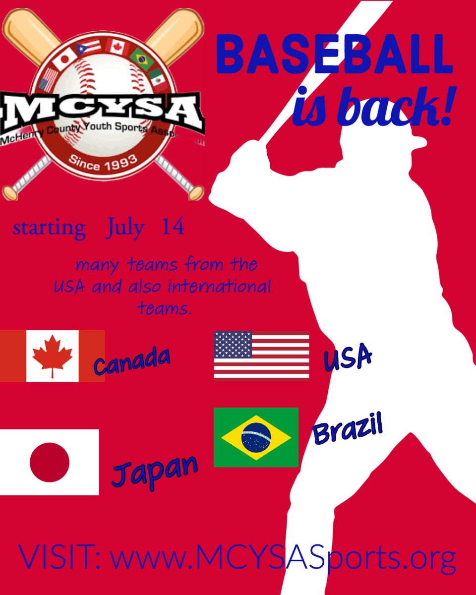 11 days! We can't wait! Come out and see some fun from all over, including Brazil and Japan. It's open to all ages and free. Visit mcysasports.org or Tourney Machine for game times and locations closer to 07/14. #mcysabaseball #naturallymchenrycounty
