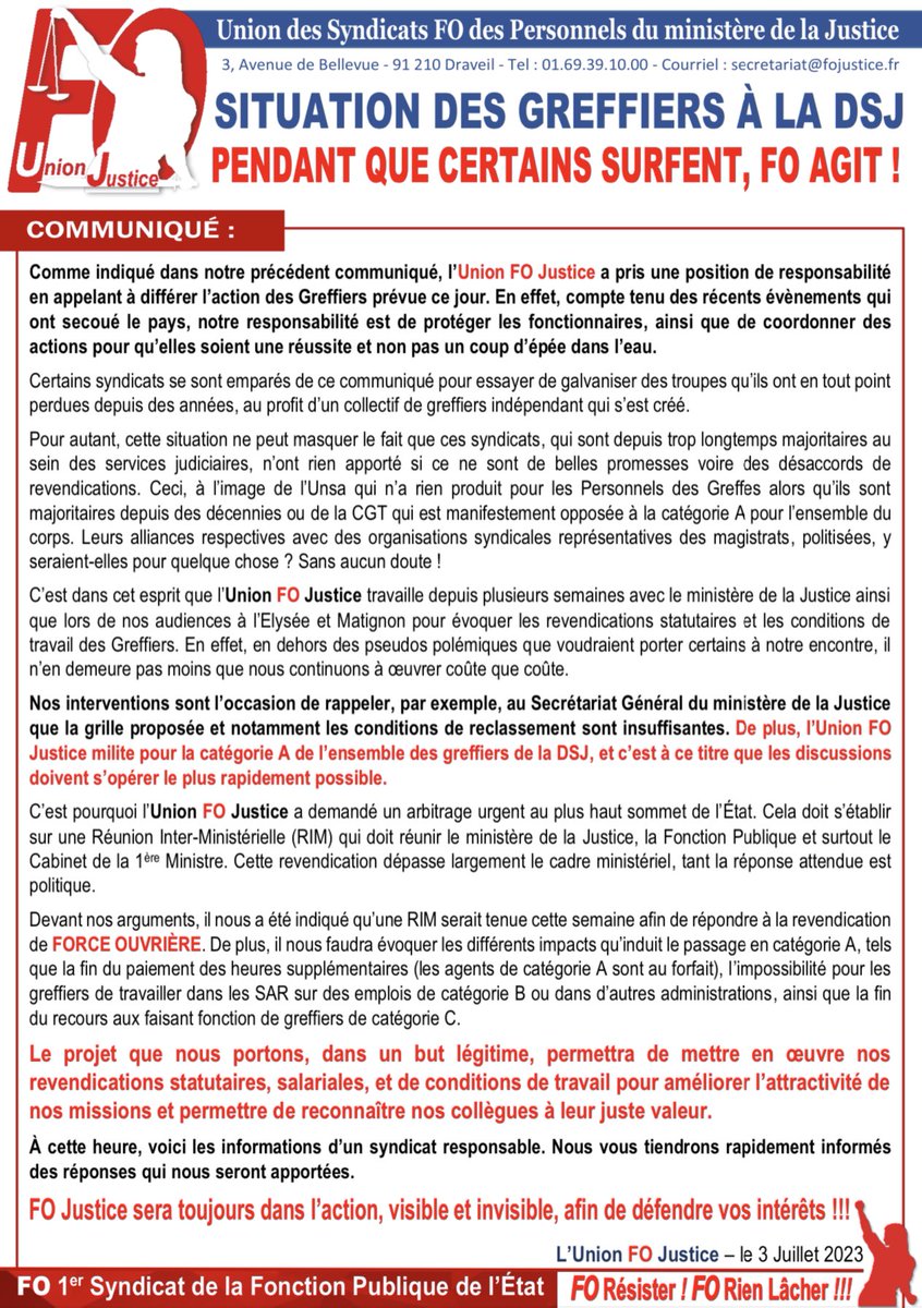 Situation des Greffiers à la DSJ pendant que certains surfent, FO AGIT !