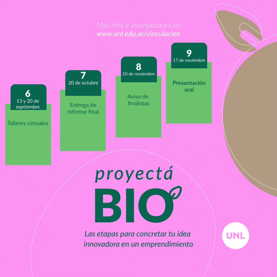 🌿 ProyectáBio: Conocé las diferentes etapas de la competencia y participá‼️ ✍🏽 Es una competencia de ideas proyectos en bio que tiene como objetivo promover la capacidad emprendedora. ➡️ Más info: unl.edu.ar/vinculacion