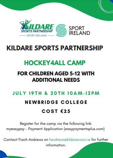 Please RT! An exciting new Hockey4All Camp has been announced by @kildaresp for children aged 5 - 12 with additional needs - see below. pay.easypaymentsplus.com/feepay1v2.aspx… #HockeyFamily