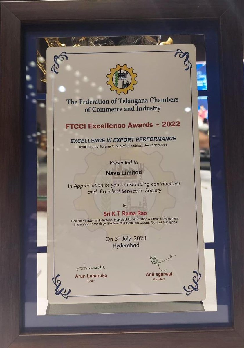 NavaLimited's tweet photo. Honoured to receive the award for “Excellence in Export Performance 2022” from @FTCCI over the hands of Hon’ble @MinisterKTR! 🏆Grateful to the jury panel and everyone involved, for acknowledging Nava’s efforts &amp; contributions. 🙌 #Gratitude #ExcellenceinExportPerformance #FTCCI https://t.co/AaNDKRSMXm