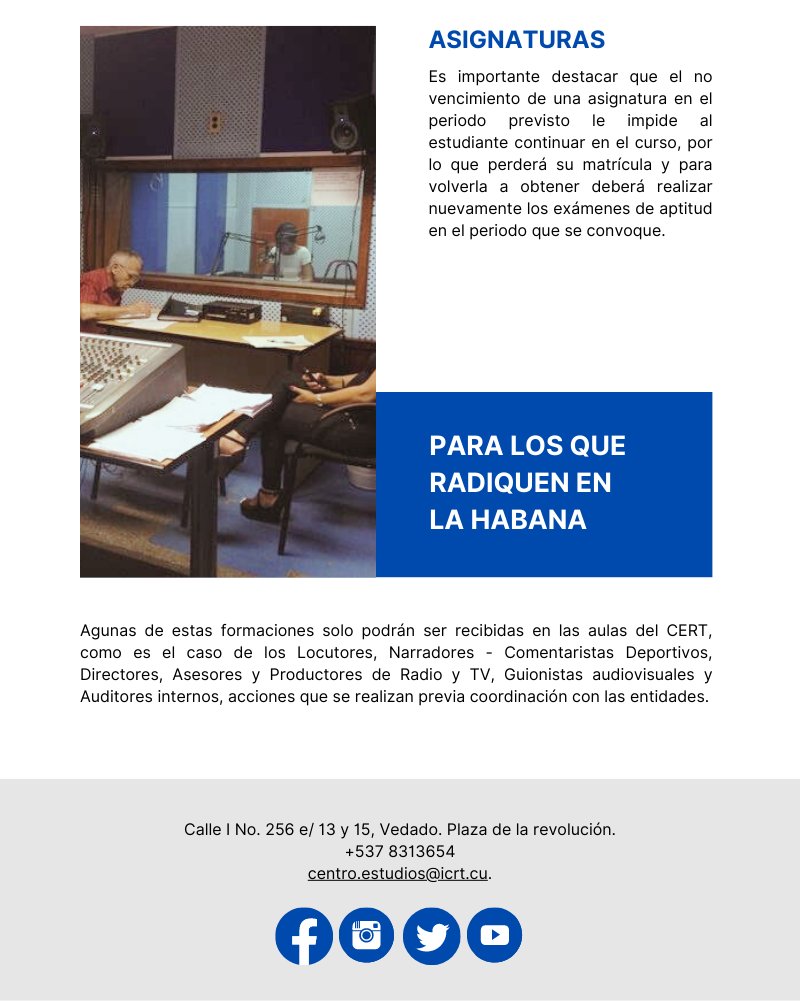 CertICRT's tweet photo. ¡Descubre nuestra amplia variedad de cursos especializados en radio y televisión del CERT! 
📷 Cursos de Postgrado
📷 Cursos de Capacitación
📷 Cursos de Formación
¡No esperes más y descubre cómo nuestros cursos pueden impulsar tu desarrollo profesional!
#cursoscert https://t.co/Ee3BjGZNXu
