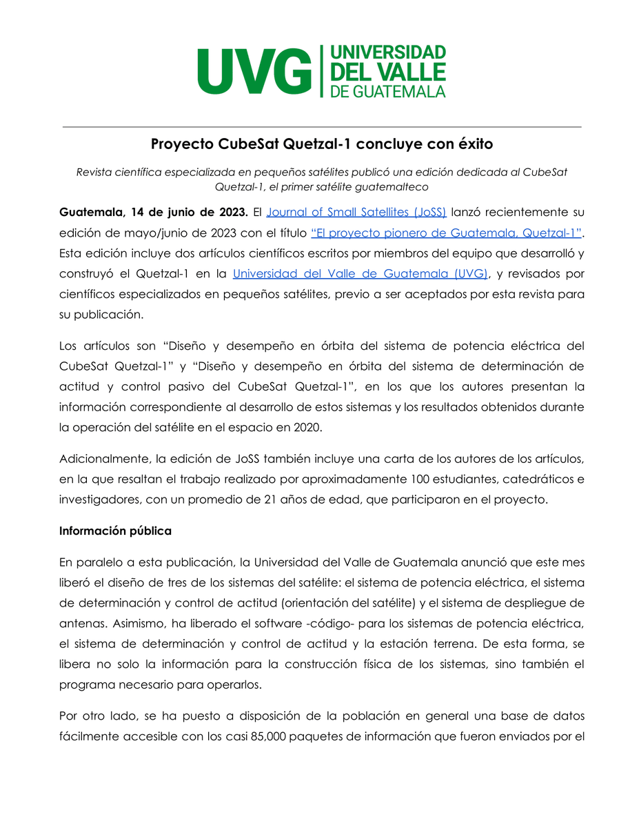 quetzal1_uvg's tweet photo. Recientemente, 2 artículos escritos por miembros del equipo que diseñó y construyó #Quetzal1 en la @uvggt fueron publicados en el Journal of Small Satellites (JoSS), luego de una revisión por científicos especializados en pequeños satélites! 🚀 Lea más en: https://t.co/fZvUvEb9TI https://t.co/E4LUh1ZKA6