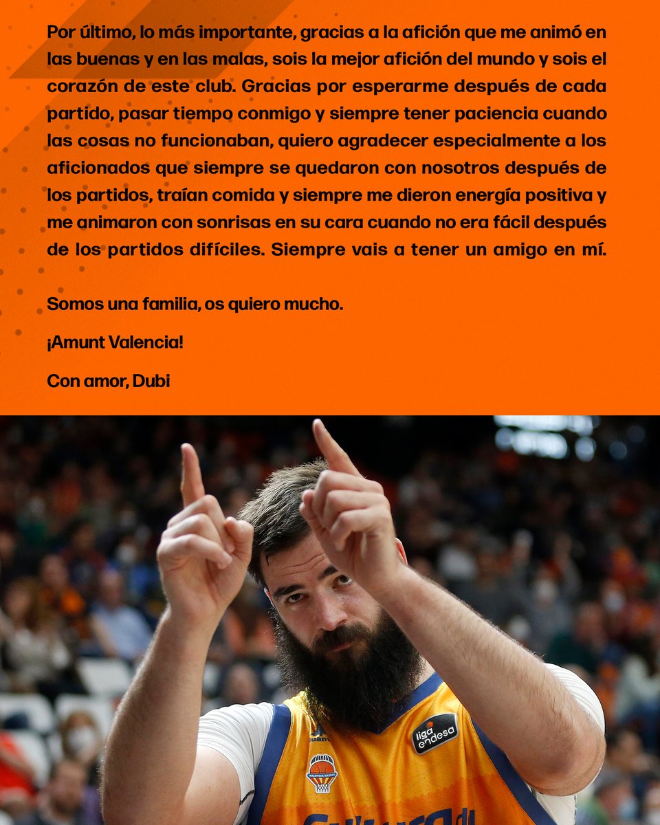 valenciabasket's tweet photo. 🧔🏻✉️
𝐂𝐚𝐫𝐭𝐚 𝐝𝐞 𝐝𝐞𝐬𝐩𝐞𝐝𝐢𝐝𝐚 𝐝𝐞 𝐃𝐮𝐛𝐢 

Como sabéis, Bojan Dubljevic no tiene redes sociales, por lo que nos ha pedido que os hagamos llegar sus palabras a modo de carta de despedida como jugador de Valencia Basket después de 11 temporadas 

Hasta pronto 🧡 https://t.co/hsca5M2oo7