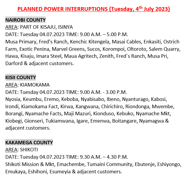 Kenya Power on Twitter "Hello, these areas will be affected by
