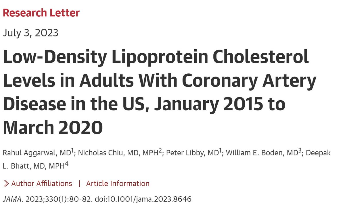 1/ *THREAD * Are adults with CAD achieving LDL goals in the United States? We now answer this in @JAMA_current Thankful to phenomenal mentor @DLBHATTMD and co-authors @NicholasChiuMD Peter Libby @WilliamEBoden jamanetwork.com/journals/jama/…